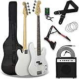 3rd Avenue Pack de bajo eléctrico de tamaño estándar 4/4 para principiantes de 3rd Avenue con amplificador de 15W, afinador, funda de transporte, cable, correa, soporte y cuerdas de repuesto, Blanco