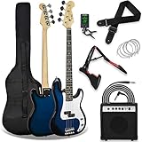 3rd Avenue Pack de bajo eléctrico de tamaño estándar 4/4 para principiantes de 3rd Avenue con amplificador de 15 W, afinador, funda de transporte, cable, correa, soporte y cuerdas de repuesto, Azul